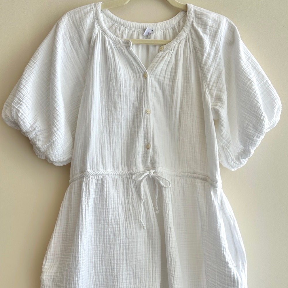 Old Navy Waist-Defined Puff-Sleeve Mini Dress, White Cotton Flowy Dress, Medium